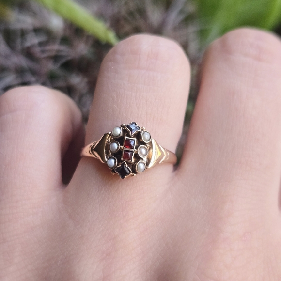 Jewelry - Antique 10K Art Nouveau Solid Gold Garnet, Sapphire & Seed Pearl Ornate Ring, 6